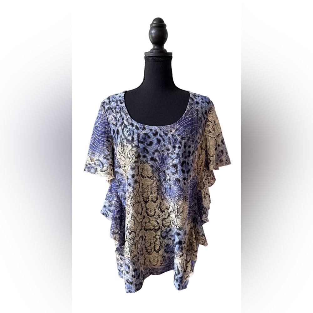 George Simonton: Mixed Print Blue and Cream Women's Top with Flutter Sleeves